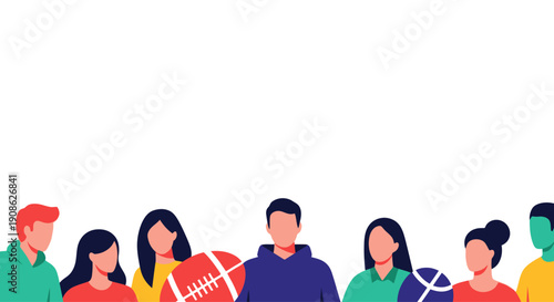Diverse group of people holding sports balls, flat illustration with copy space