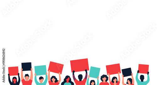 Diverse crowd holding protest signs, flat illustration, copy space, eps vector
