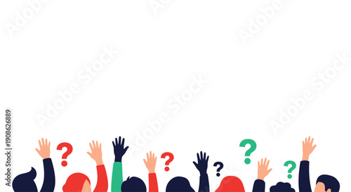 Diverse hands raised with question marks, concept of uncertainty, asking questions