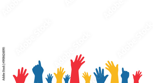 Diverse Hands Raised in Celebration or Agreement, Colorful, Copy Space