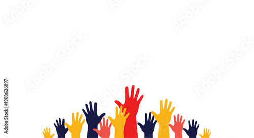 Diverse Hands Raised in Unity and Participation - Flat Illustration with Copy Space