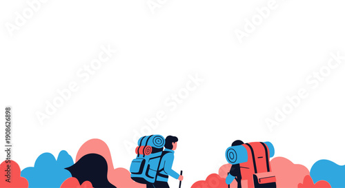 Hikers with Backpacks Trekking Through Nature Landscape, Flat Illustration