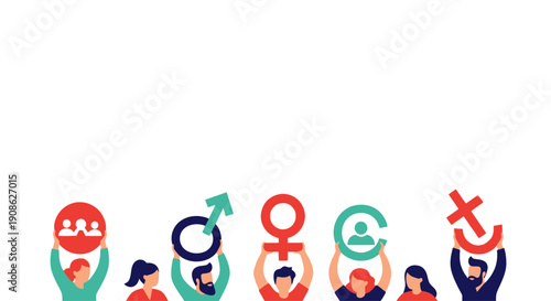 Diverse People Holding Symbols of Gender, Community, and Inclusion