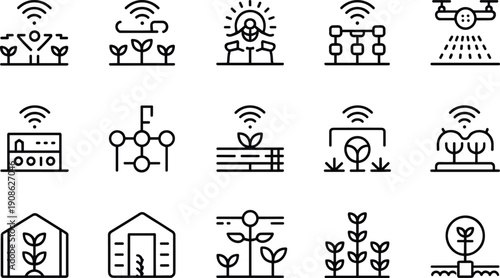 Smart Agriculture Technology Line Icons Set IoT Farming Automation Vector