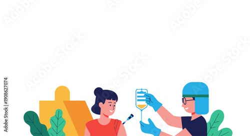 Vaccination concept: Nurse injecting vaccine into patient's arm, medical care, health, flat illustration