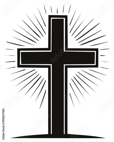 Silhouette of a religious cross with radiating light beams, faith and belief symbol