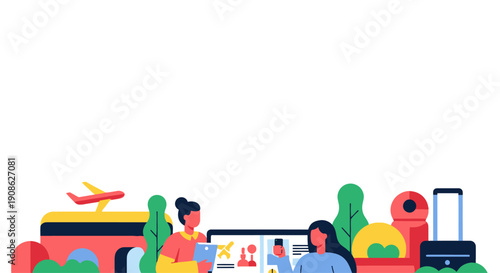 Travel Planning Concept with People, Airplane, Suitcase and Map