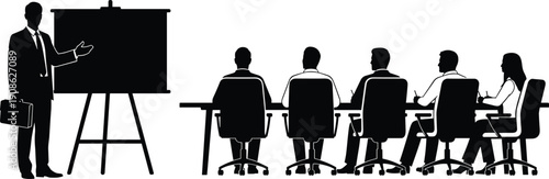 Professional business presentation silhouette featuring male speaker with briefcase at flipchart and colleagues sitting at office conference table vector illustration