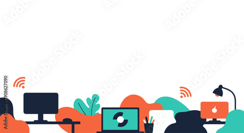 Modern Office Workspace with Computers and Plants, Flat Illustration