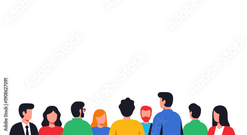 Diverse group of people standing together, flat illustration, copy space