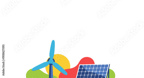 Renewable energy concept: wind turbine and solar panel with sun and landscape.