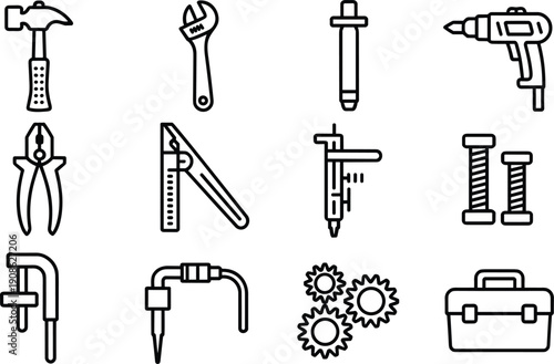 Hand Tools Mechanical Line Icons Set Hammer Drill Wrench Repair Vector