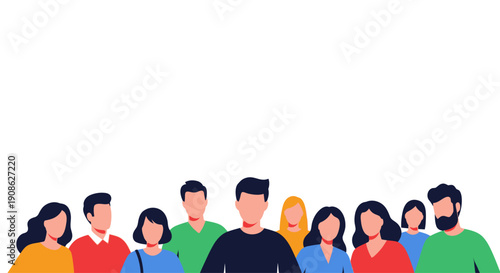 Diverse Group of People Standing Together, Flat Illustration with Copy Space