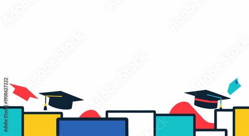 Graduation Caps and Books - Education and Knowledge Concept Flat Illustration with Copy Space