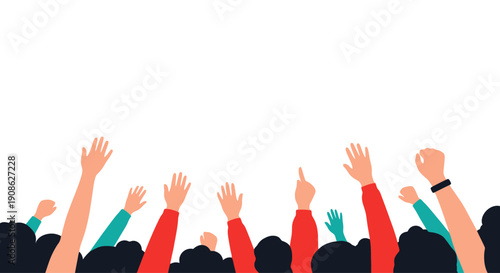Crowd Raising Hands Up, Voting, Participation, Celebration, Flat Illustration with Copy Space