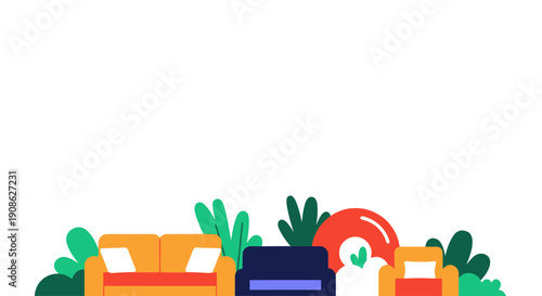 Cozy living room interior with sofa, armchair, and plants, flat illustration, copy space