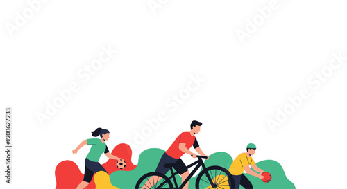 Active lifestyle illustration: people cycling, playing soccer, and throwing a ball with copy space