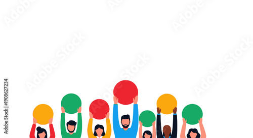 Diverse group of people holding up colorful balls, representing unity and teamwork, flat illustration with copy space