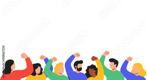 Diverse group of people raising fists in unity, protest, or celebration