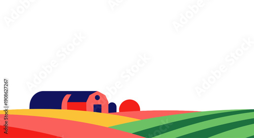 Flat illustration of a farm with colorful fields and barn, copy space