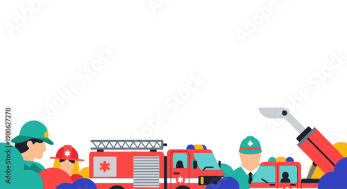 Firefighters and Fire Trucks - Flat Illustration with copy space