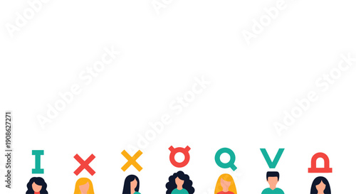 Diverse People Icons with Zodiac Symbols Above, White Background