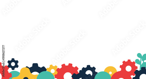 Colorful gears and plant elements on white background with copy space