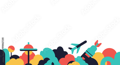 Abstract Flat Illustration of Airplane, Rocket, and Colorful Shapes with Copy Space