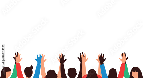 Diverse Crowd Raising Hands Up, Celebrating, Voting, or Cheering