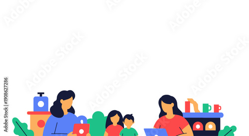 Family enjoying activities at home, flat illustration with copy space
