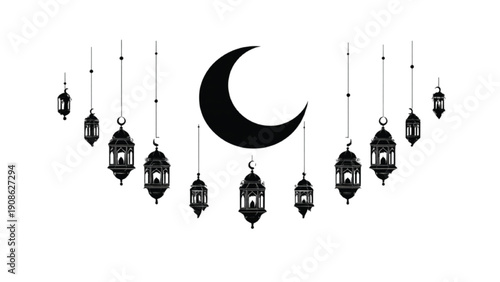 Ramadan crescent moon and hanging lantern silhouettes, Islamic festive vector
