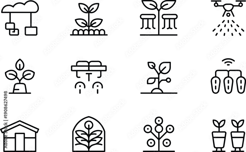 Fototapeta premium Smart Agriculture Technology Line Icons Set Farming Automation Irrigation Vector