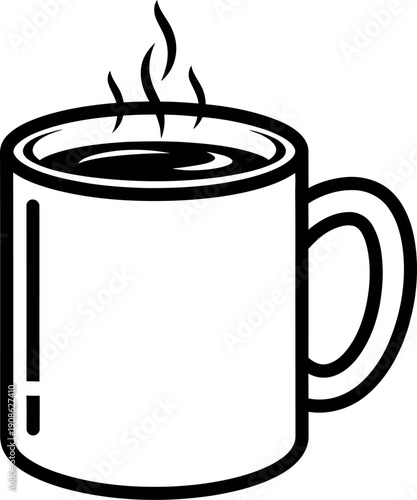 Simple black and white outline icon depicting a steaming ceramic mug filled with a hot beverage like coffee or tea against a stark white background suggesting warmth and energy.