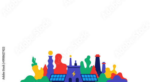 Colorful Factory with Solar Panels Illustration - Renewable Energy Concept
