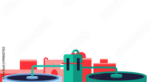 Industrial Water Treatment Plant with Tanks and Pipes, Flat Illustration