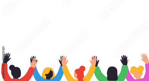 Diverse group of people raising hands in unity, flat illustration with copy space