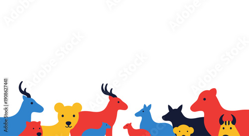 Colorful Flat Illustration of Diverse Animals on White Background with Copy Space