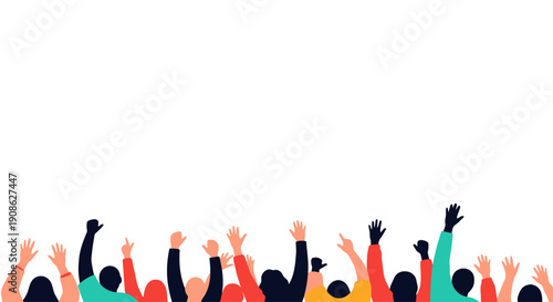 Diverse crowd with raised hands celebrating and cheering, copy space