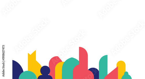 Abstract colorful geometric shapes forming a diverse crowd, representing community and unity.