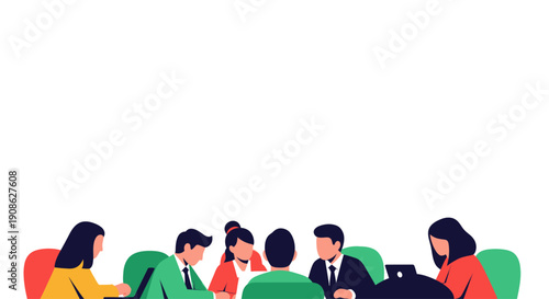 Business Meeting with Diverse Team Around Table, Flat Illustration with Copy Space