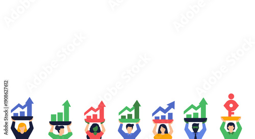 Diverse Team Holding Up Growth Charts, Business Success Concept, Flat Illustration