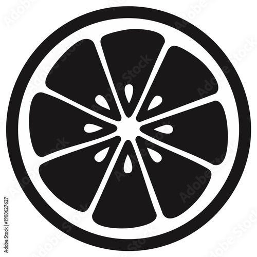 Stylized black and white silhouette of a citrus fruit slice with visible segments and seeds