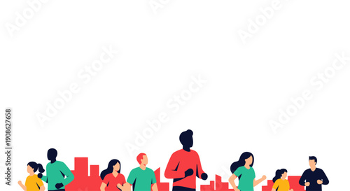 Diverse group of people running in front of city skyline, flat illustration, copy space