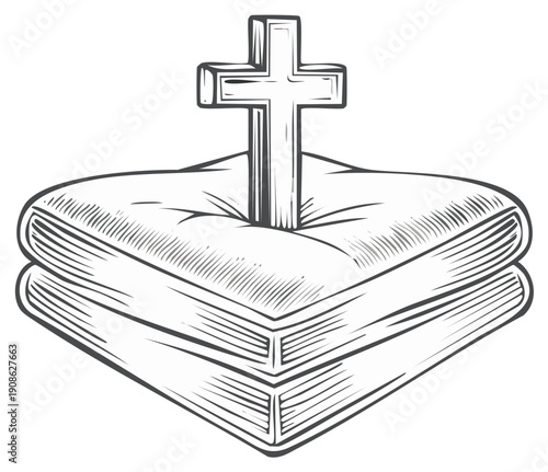 Stylized Christian cross atop two antique Bibles symbolizing religious scripture and devout study
