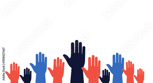 Diverse Hands Raised in Unity: Voting, Volunteering, Education, and Teamwork Concept