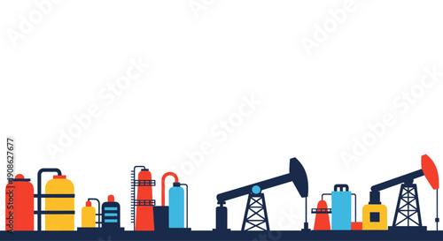 Oil rig and refinery industrial landscape, flat illustration with copy space