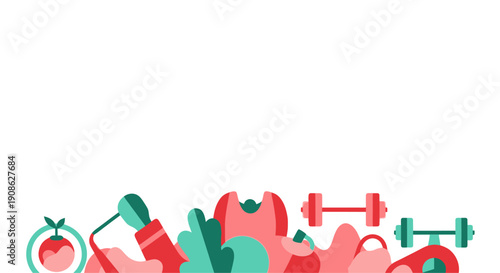Healthy Lifestyle Flat Illustration with Fitness and Food Elements