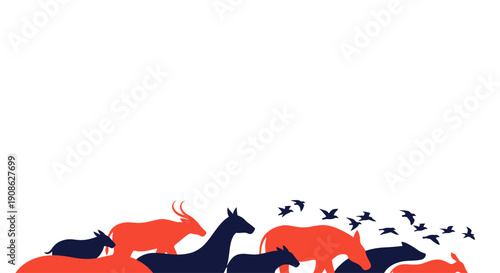 Diverse Wildlife Silhouettes on White Background with Copy Space