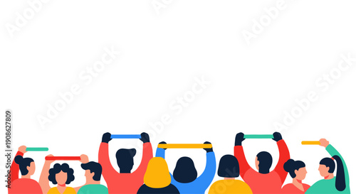 Diverse Crowd Holding Colorful Bars Above Heads, Flat Illustration, Copy Space