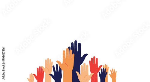 Diverse raised hands reaching up in unity and support, flat illustration with copy space